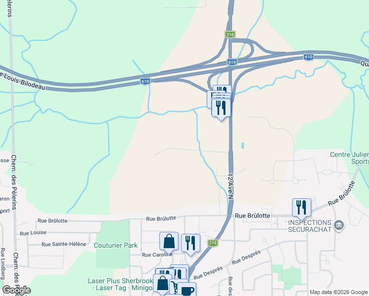 map of restaurants, bars, coffee shops, grocery stores, and more near 1655 Rue Bossé in Sherbrooke