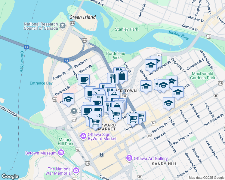 map of restaurants, bars, coffee shops, grocery stores, and more near 222 Guigues Avenue in Ottawa
