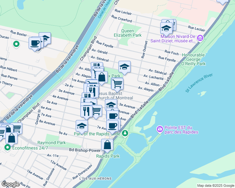 map of restaurants, bars, coffee shops, grocery stores, and more near 7575 Rue Édouard in Montréal