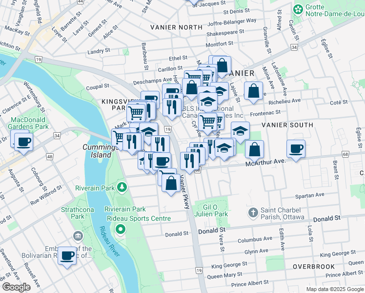 map of restaurants, bars, coffee shops, grocery stores, and more near 1625 Vanier Parkway in Ottawa