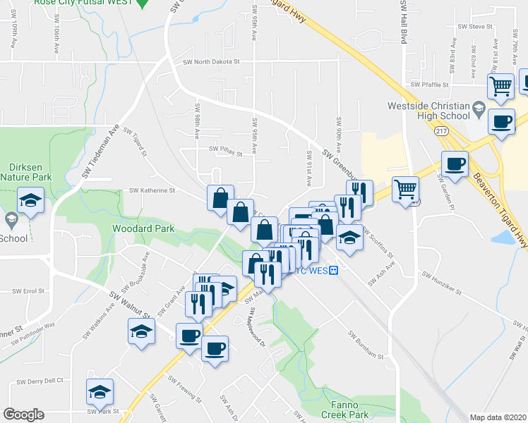 map of restaurants, bars, coffee shops, grocery stores, and more near 9394 Southwest Tigard Street in Portland