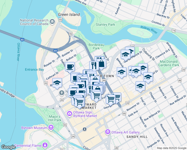 map of restaurants, bars, coffee shops, grocery stores, and more near in Ottawa