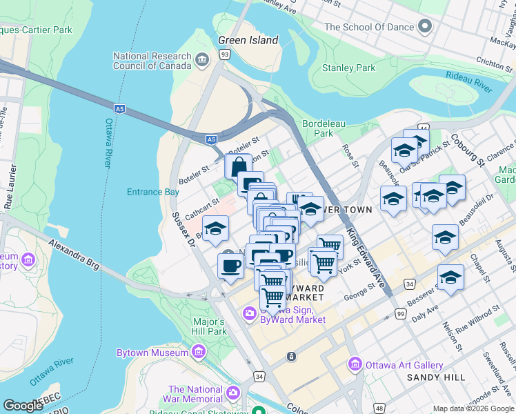 map of restaurants, bars, coffee shops, grocery stores, and more near in Ottawa