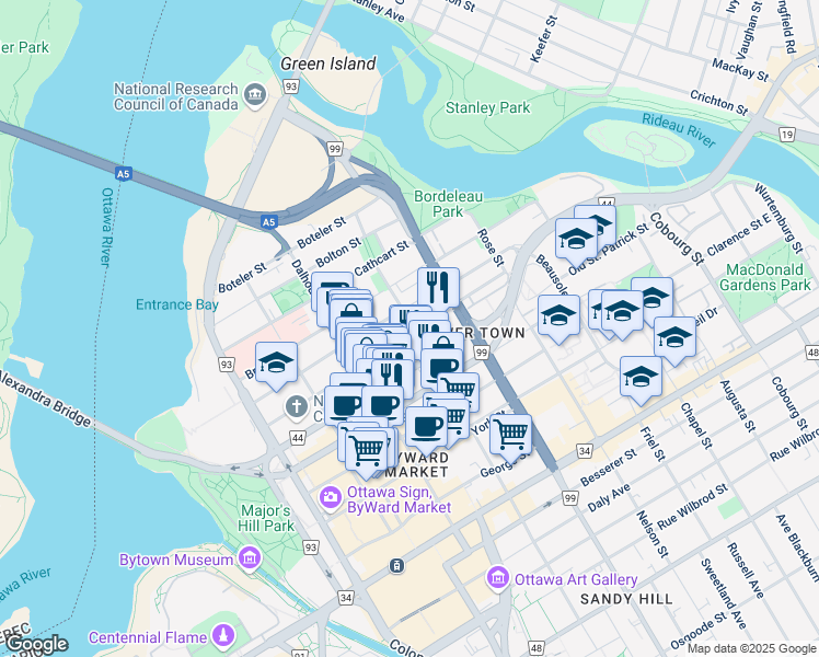 map of restaurants, bars, coffee shops, grocery stores, and more near 242 Cumberland Street in Ottawa