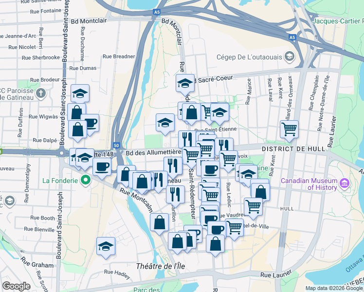 map of restaurants, bars, coffee shops, grocery stores, and more near 304 Boulevard des Allumettières in Gatineau