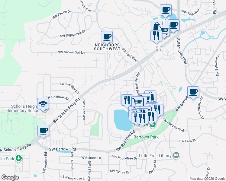 map of restaurants, bars, coffee shops, grocery stores, and more near 15405 Southwest Sparrow Loop in Beaverton