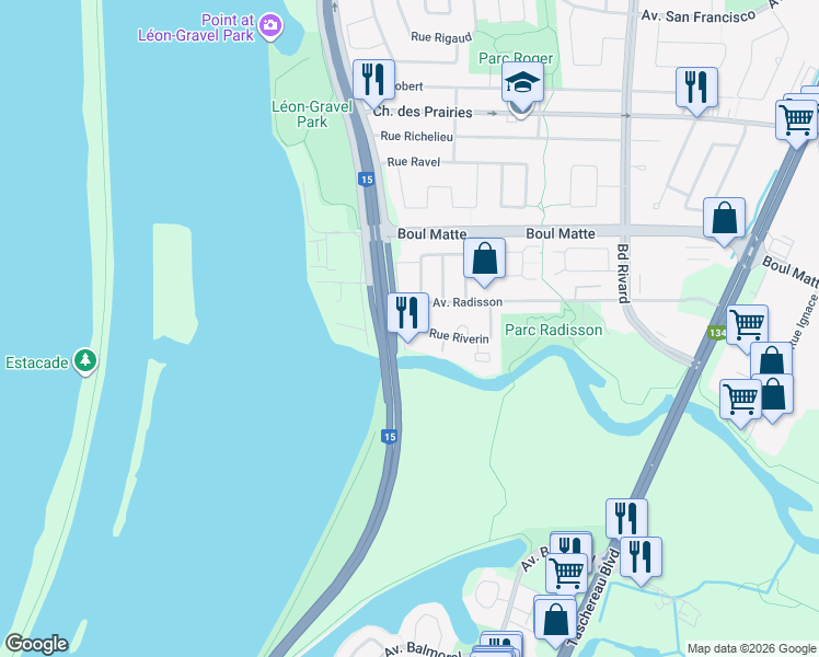 map of restaurants, bars, coffee shops, grocery stores, and more near 9456 Rue Riverin in Brossard
