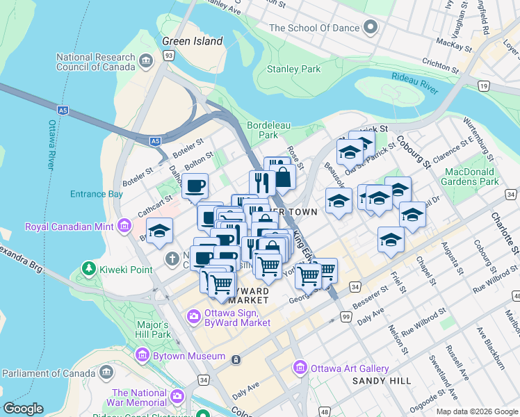 map of restaurants, bars, coffee shops, grocery stores, and more near 222 Guigues Avenue in Ottawa