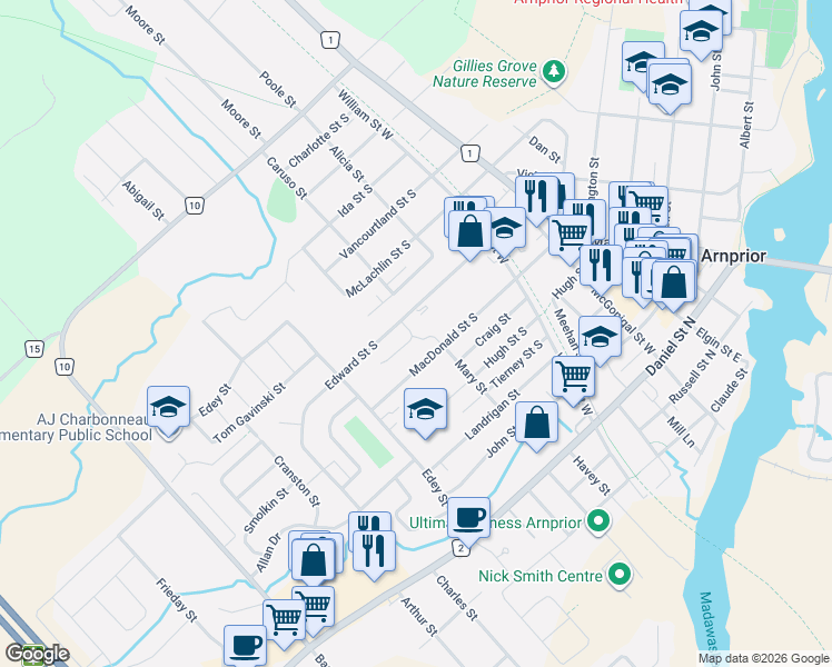 map of restaurants, bars, coffee shops, grocery stores, and more near 9 Huyck Drive in Arnprior