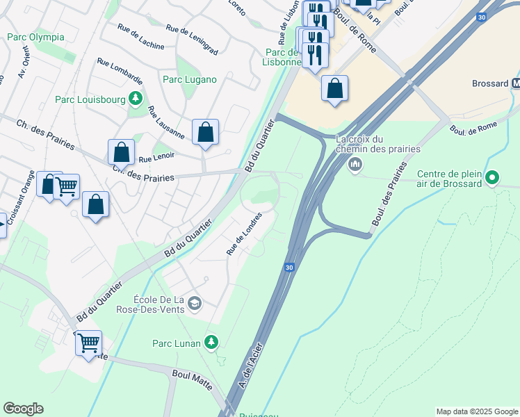 map of restaurants, bars, coffee shops, grocery stores, and more near 8060 Rue de Londres in Brossard