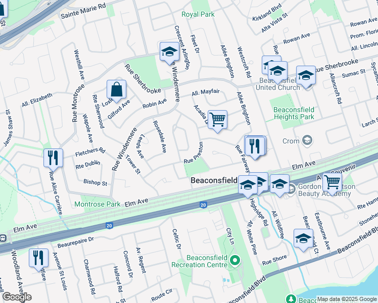 map of restaurants, bars, coffee shops, grocery stores, and more near 177 Avenue Centennial in Beaconsfield