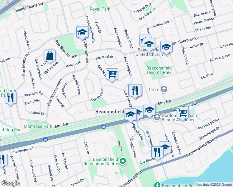 map of restaurants, bars, coffee shops, grocery stores, and more near 255 Markham Place in Beaconsfield