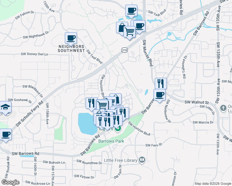 map of restaurants, bars, coffee shops, grocery stores, and more near 14745 Southwest Sandhill Loop in Beaverton