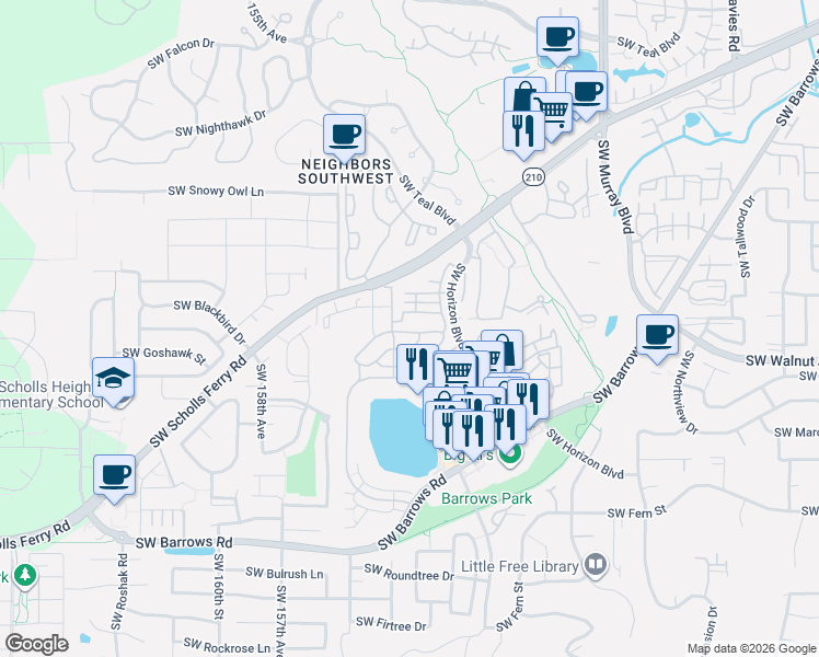 map of restaurants, bars, coffee shops, grocery stores, and more near 15270 Southwest Sparrow Loop in Beaverton