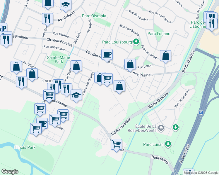 map of restaurants, bars, coffee shops, grocery stores, and more near 3755 Place de Java in Brossard