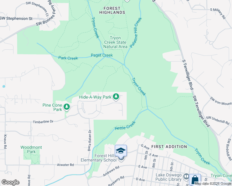 map of restaurants, bars, coffee shops, grocery stores, and more near 1291 Hide A Way Lane in Lake Oswego