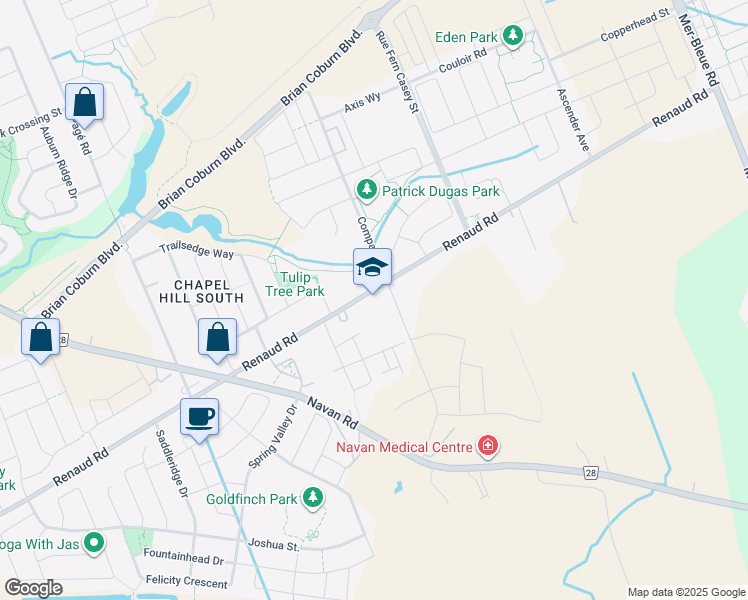 map of restaurants, bars, coffee shops, grocery stores, and more near 6280 Renaud Road in Ottawa