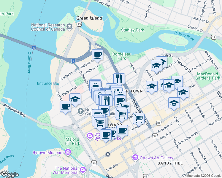 map of restaurants, bars, coffee shops, grocery stores, and more near 238 Cumberland Street in Ottawa