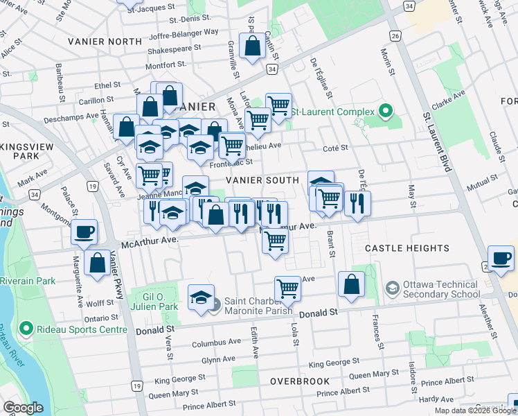 map of restaurants, bars, coffee shops, grocery stores, and more near 374 Lafontaine Avenue in Ottawa