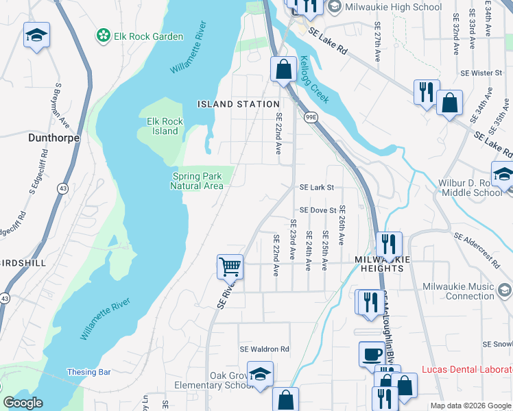 map of restaurants, bars, coffee shops, grocery stores, and more near 12565 Southeast River Road in Milwaukie