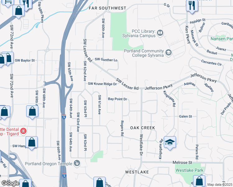 map of restaurants, bars, coffee shops, grocery stores, and more near 5936 Bay Point Drive in Lake Oswego