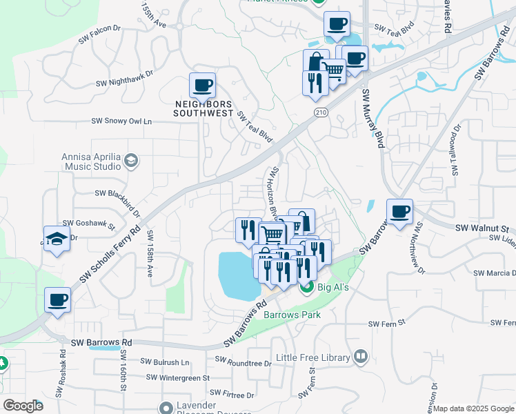 map of restaurants, bars, coffee shops, grocery stores, and more near 15060 Southwest Mallard Drive in Beaverton