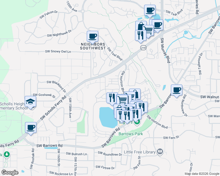 map of restaurants, bars, coffee shops, grocery stores, and more near 15270 Southwest Sparrow Loop in Beaverton
