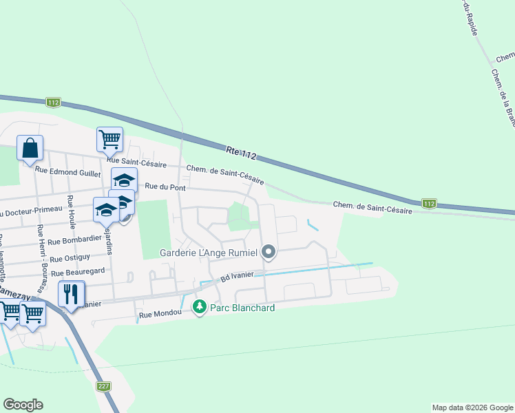 map of restaurants, bars, coffee shops, grocery stores, and more near 2481 Rue du Pont in Marieville