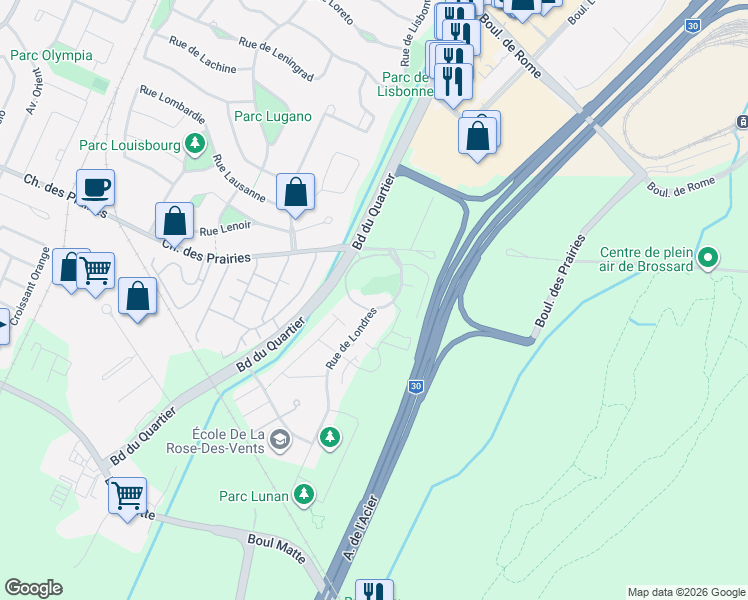 map of restaurants, bars, coffee shops, grocery stores, and more near 8060 Rue de Londres in Brossard