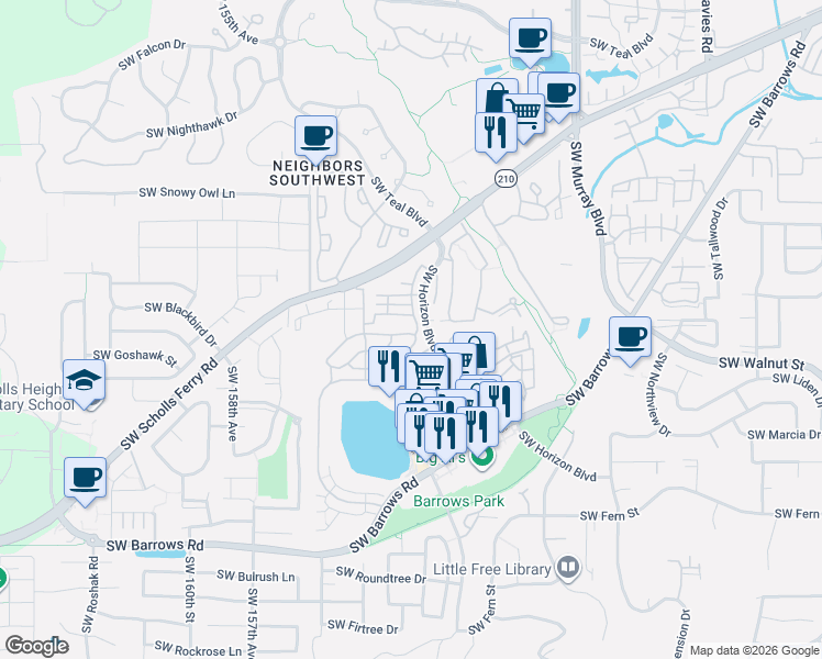 map of restaurants, bars, coffee shops, grocery stores, and more near 15050 Southwest Warbler Way in Beaverton