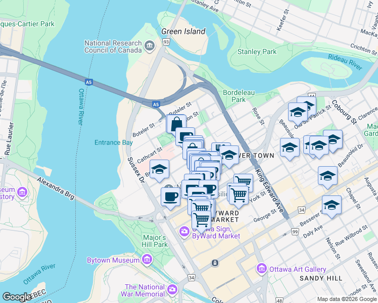 map of restaurants, bars, coffee shops, grocery stores, and more near in Ottawa