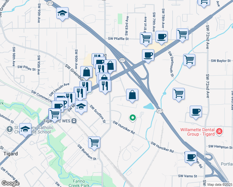map of restaurants, bars, coffee shops, grocery stores, and more near 12254 Southwest Garden Place in Tigard