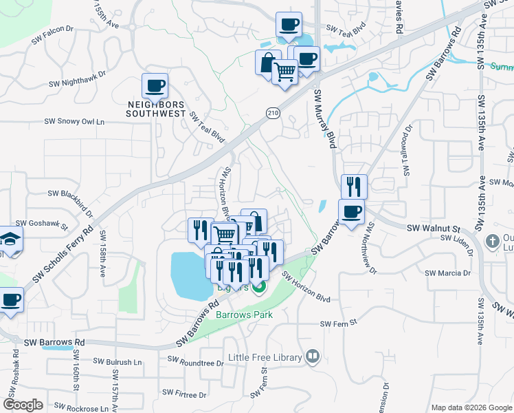 map of restaurants, bars, coffee shops, grocery stores, and more near 14745 Southwest Sandhill Loop in Beaverton