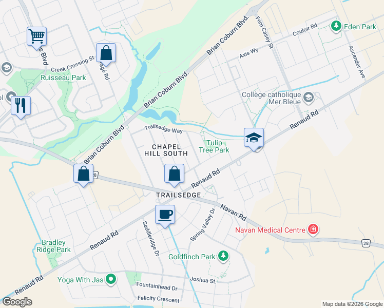map of restaurants, bars, coffee shops, grocery stores, and more near 236 Trailsedge Way in Ottawa