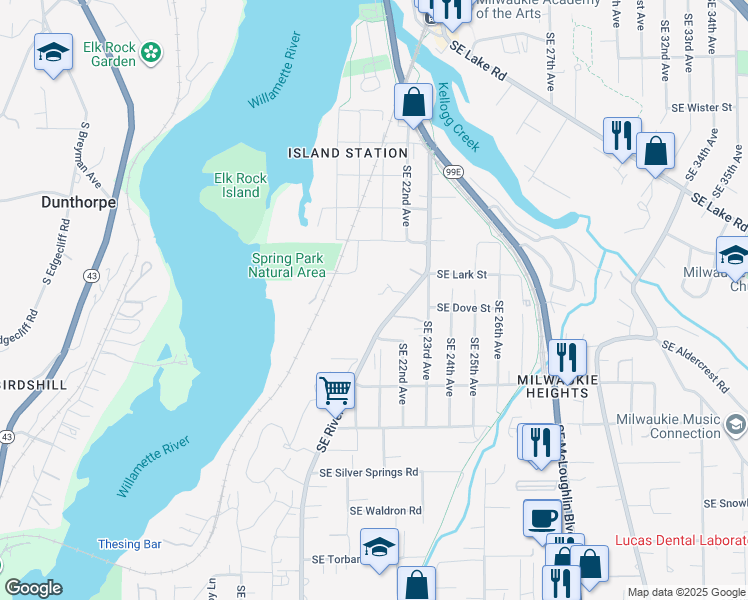 map of restaurants, bars, coffee shops, grocery stores, and more near 12565 Southeast River Road in Milwaukie