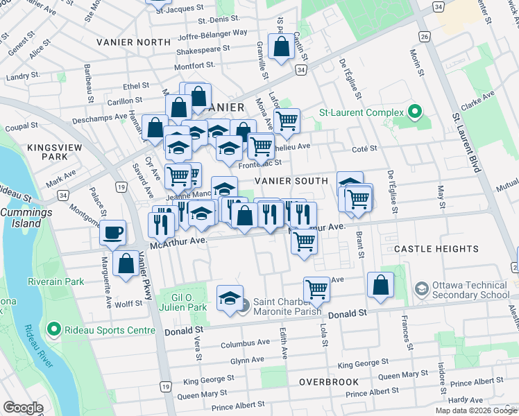 map of restaurants, bars, coffee shops, grocery stores, and more near 352 Lacasse Avenue in Ottawa