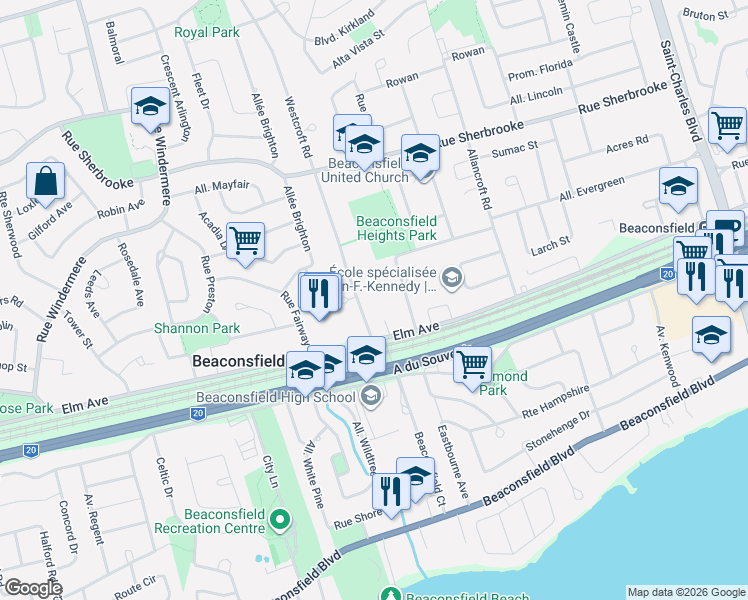 map of restaurants, bars, coffee shops, grocery stores, and more near 167 Chemin Westcroft in Beaconsfield