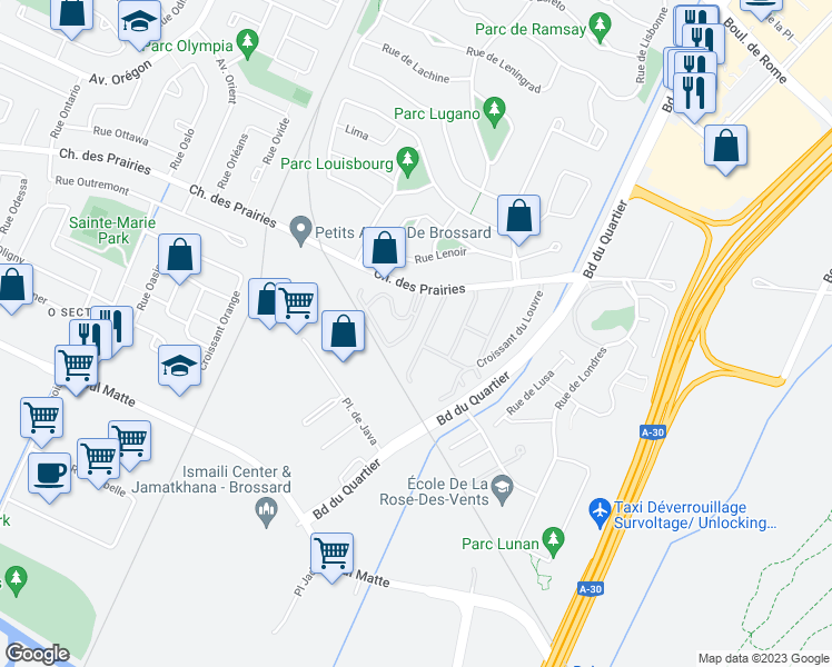 map of restaurants, bars, coffee shops, grocery stores, and more near 4645 Chemin des Prairies in Brossard