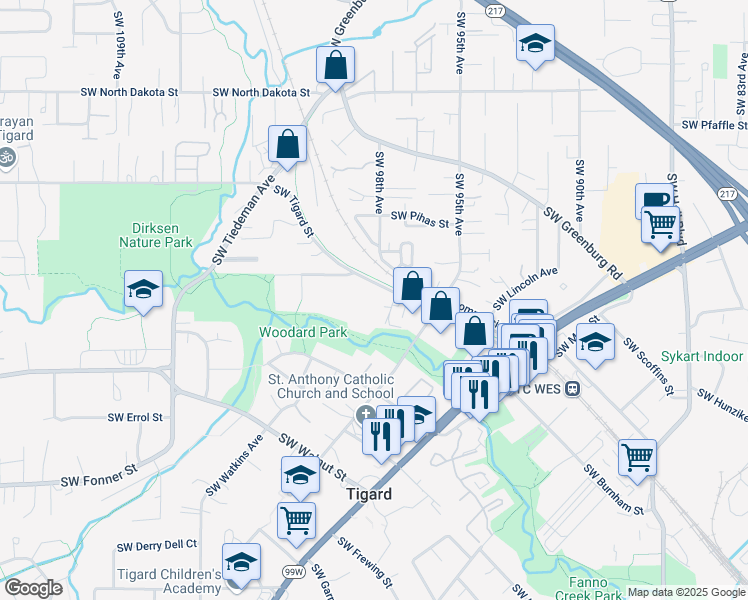 map of restaurants, bars, coffee shops, grocery stores, and more near 9816 Southwest Tigard Street in Tigard