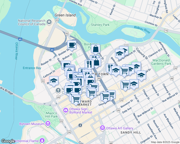 map of restaurants, bars, coffee shops, grocery stores, and more near 234 Guigues Avenue in Ottawa