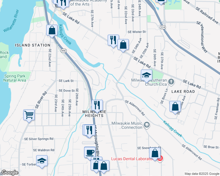 map of restaurants, bars, coffee shops, grocery stores, and more near 12430 Southeast Alchar Drive in Milwaukie