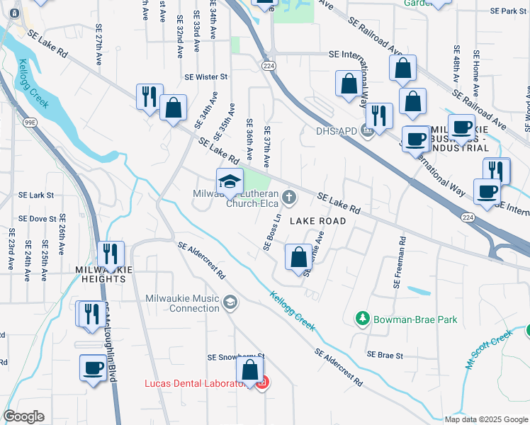 map of restaurants, bars, coffee shops, grocery stores, and more near 12508 Southeast Shell Lane in Milwaukie