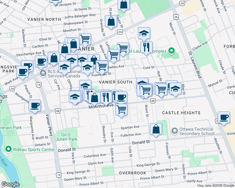 map of restaurants, bars, coffee shops, grocery stores, and more near 375 Lafontaine Avenue in Ottawa