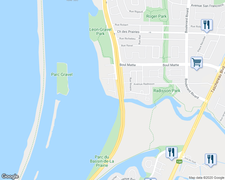 map of restaurants, bars, coffee shops, grocery stores, and more near 9450 Rue des Rubaniers in Brossard