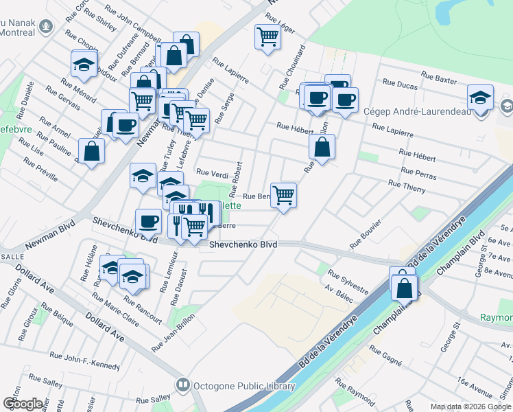 map of restaurants, bars, coffee shops, grocery stores, and more near 1351 Rue Charbonneau in Montréal