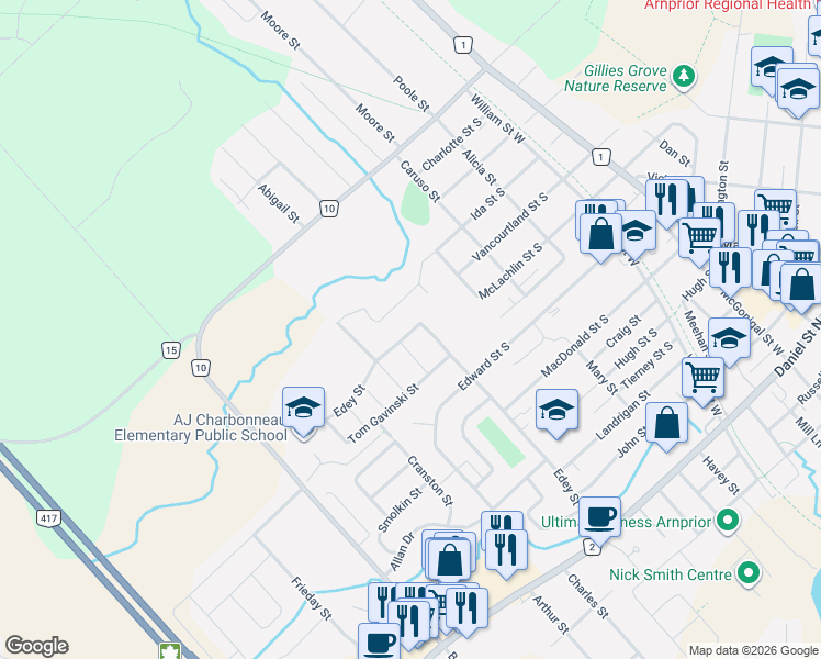 map of restaurants, bars, coffee shops, grocery stores, and more near 233 Edey Street in Arnprior