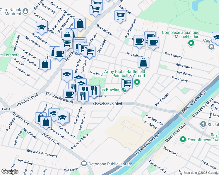 map of restaurants, bars, coffee shops, grocery stores, and more near 1383 Rue Charbonneau in Montréal