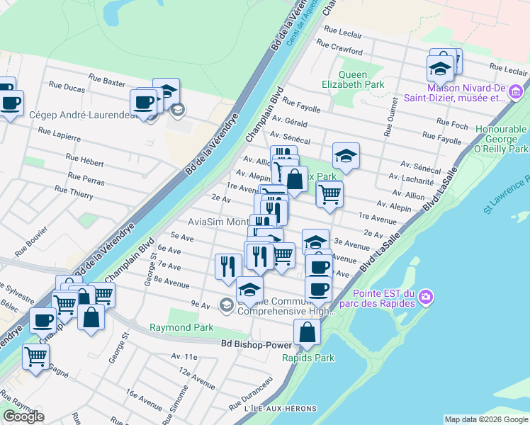 map of restaurants, bars, coffee shops, grocery stores, and more near 248 2e Av in Montréal