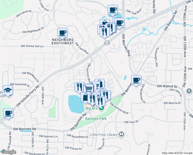 map of restaurants, bars, coffee shops, grocery stores, and more near 14745 Southwest Sandhill Loop in Beaverton