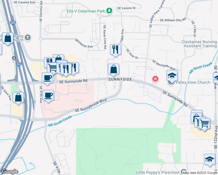 map of restaurants, bars, coffee shops, grocery stores, and more near 10728 Southeast Sunnyside Road in Clackamas